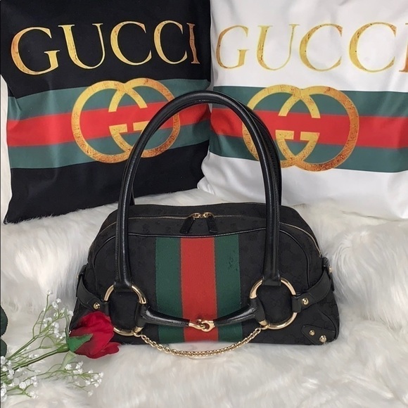 GUCCI HORSE-BIT RACING STRIPE GG MONOGRAM CANVAS & LEATHER BAG - Picture 1 of 12